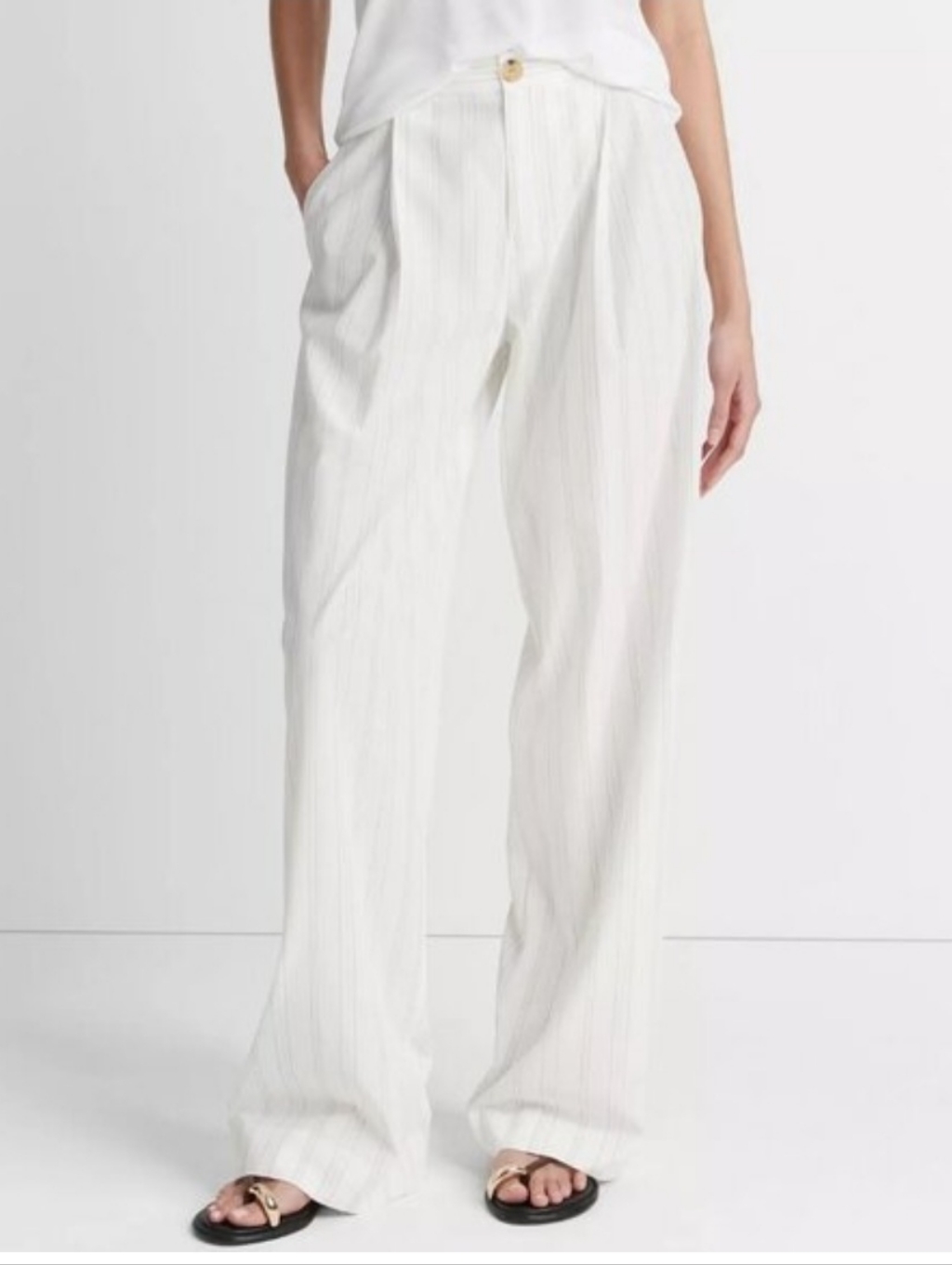 Vince Striped Pleated Wide Leg Trousers Womenâs Size 10 White Beige Lightweight